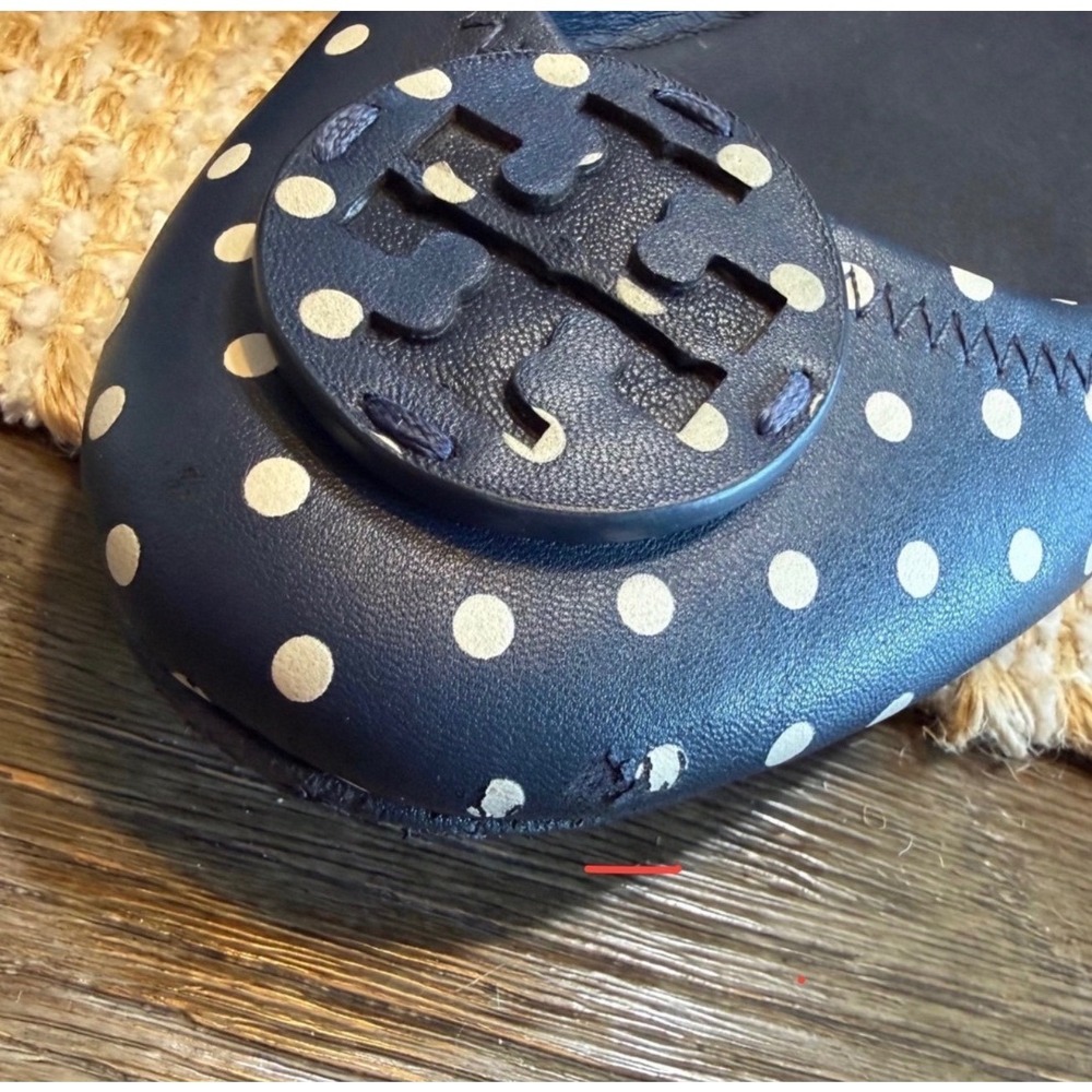 Tory Burch Minnie Travel Ballet Flats Navy Blue Polka Dot Leather Logo 7M 6098 - Picture 4 of 10